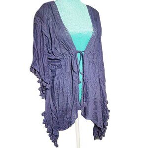 Vince Camuto Navy Blue Boho Open Front Cardigan with tassels and tie waist